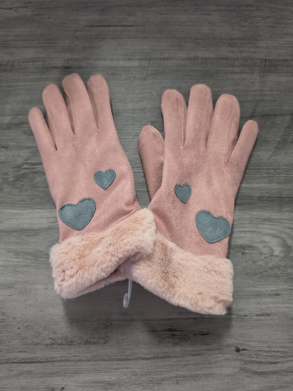 Girl Pink Faux Fur Cuff Gloves with Heart Patches
